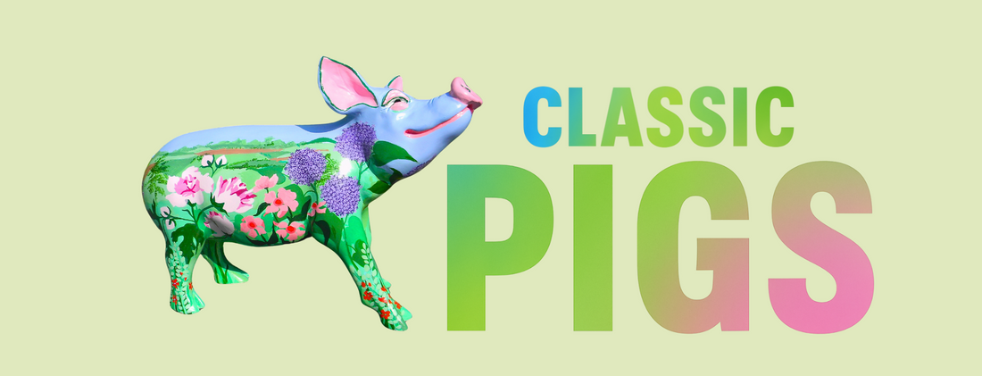 Hand-painted resin pig sculpture with colorful floral design and green landscape background, featured next to bold text reading “Classic Pigs” in a gradient font.