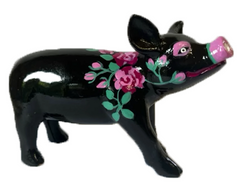 Black Pig with Pink Roses on Neck / Hand-Painted Resin Pig Collectible