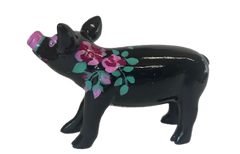 Black Pig with Pink Roses on Neck / Hand-Painted Resin Pig Collectible
