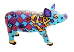 Diamond Lil Mini Pig dazzles with vibrant harlequin colours, gold accents, and hand-painted charm—a signed resin collectible from the Painted Pigs series.
