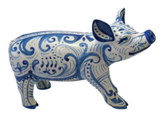 Hand-painted Blue Swirls Mini Pig figurine featuring intricate cobalt blue floral and scroll patterns on a white resin base, part of the Painted Pigs collection.