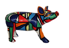 Hand-painted Abstract Mini Pig figurine featuring bold geometric shapes in red, blue, green, yellow, and black—resin collectible from the Painted Pigs series.