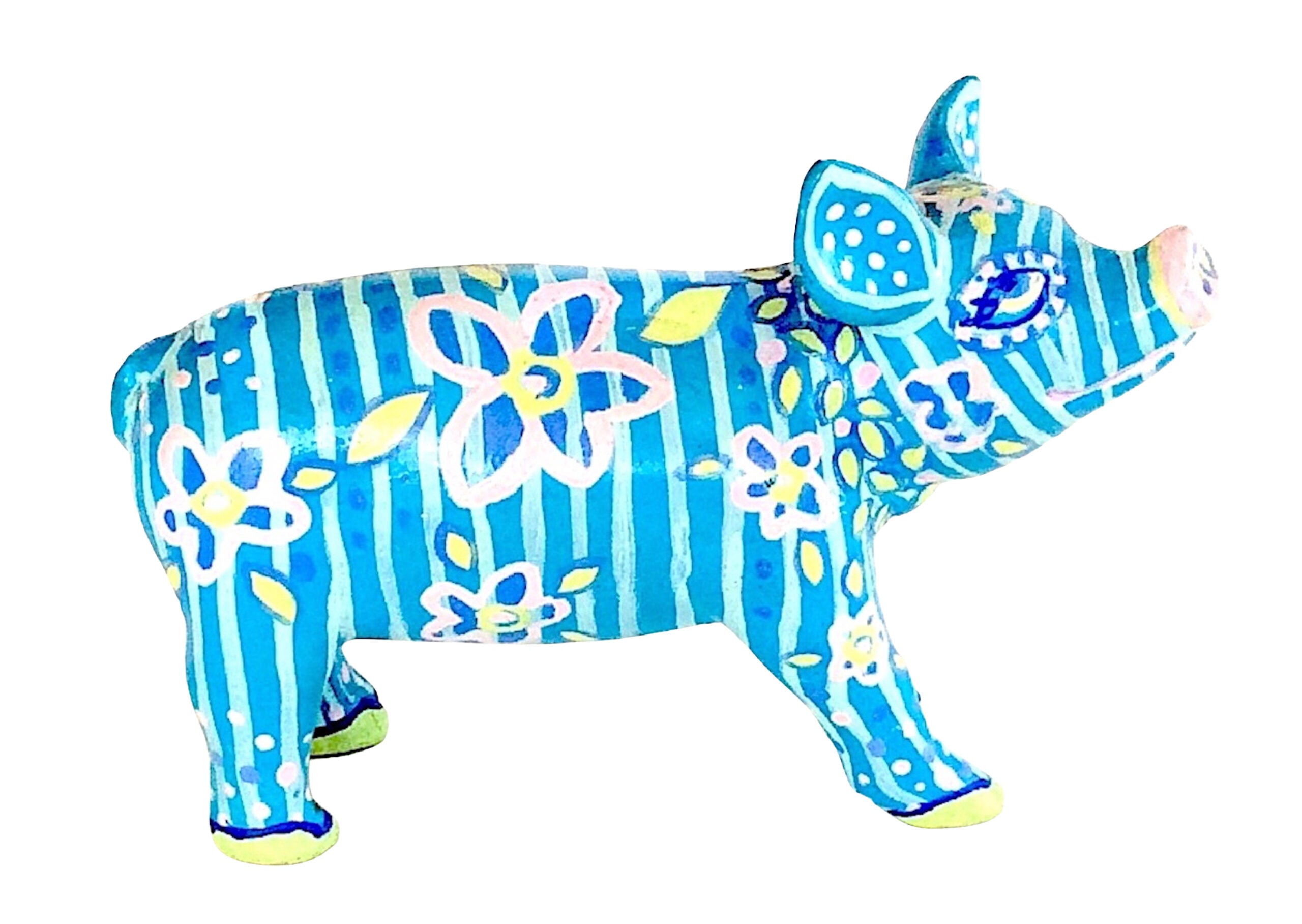 Hand-painted resin pig figurine with aqua-blue stripes, white and yellow floral motifs, and lime-green hooves from the vibrant Painted Pigs collection.