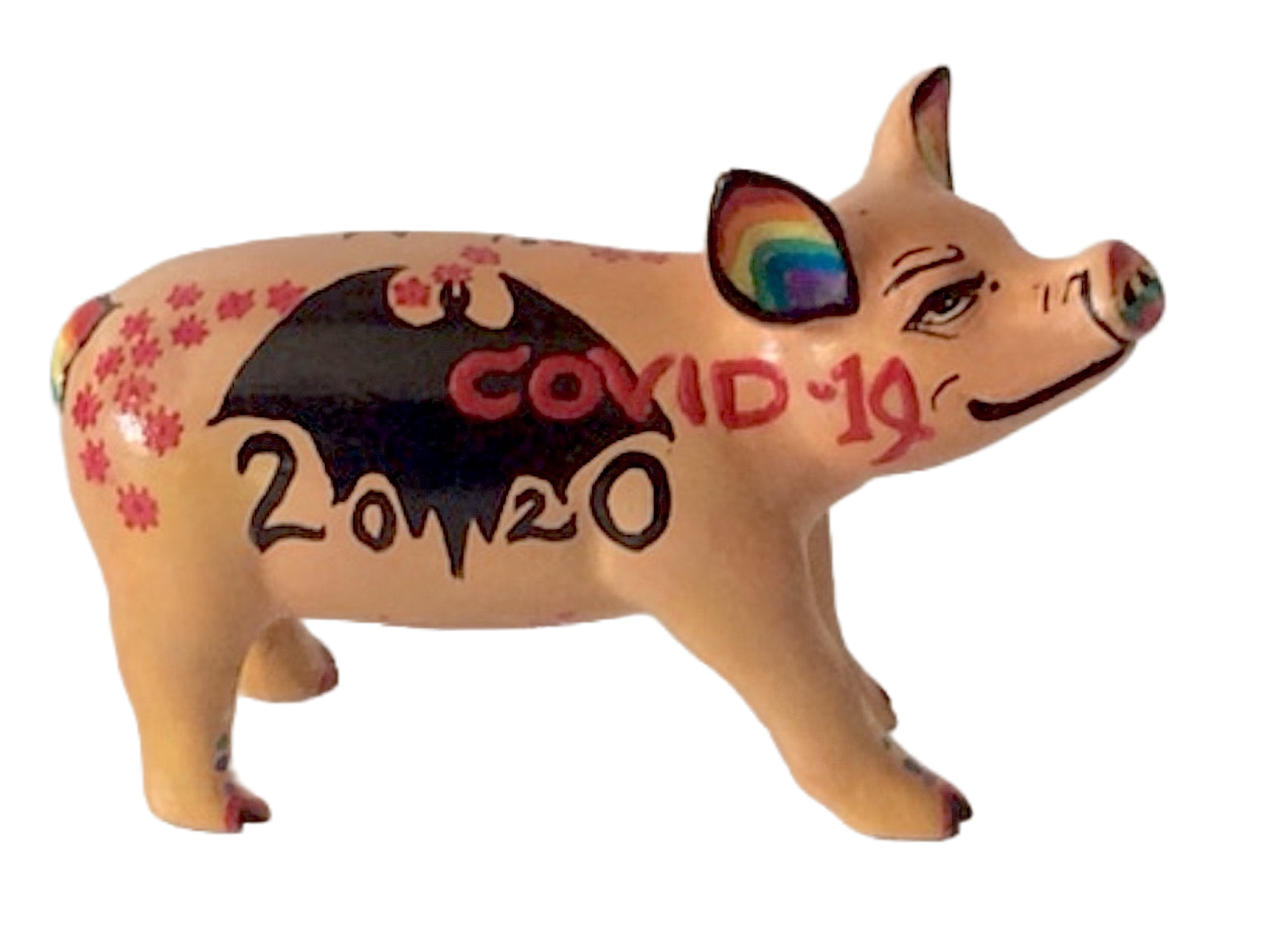 Hand-painted resin pig figurine featuring “COVID-19,” a black bat graphic, “2020,” pink flowers, and rainbow accents, from the Don’t Mess with Nature collection.
