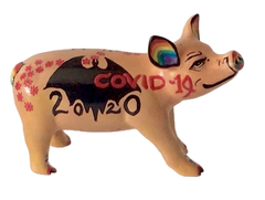 Hand-painted resin pig figurine featuring “COVID-19,” a black bat graphic, “2020,” pink flowers, and rainbow accents, from the Don’t Mess with Nature collection.