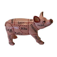Hand-painted resin mini pig figurine with a butcher-style cuts diagram labelled with sections like Loin, Ribs, and Shoulder on a soft pink base.
