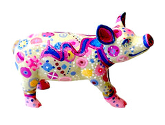Hand-painted Candy Confetti mini pig with colourful swirls, polka dots, and ribbon detail on a cream base – whimsical resin collectible from Painted Pigs.