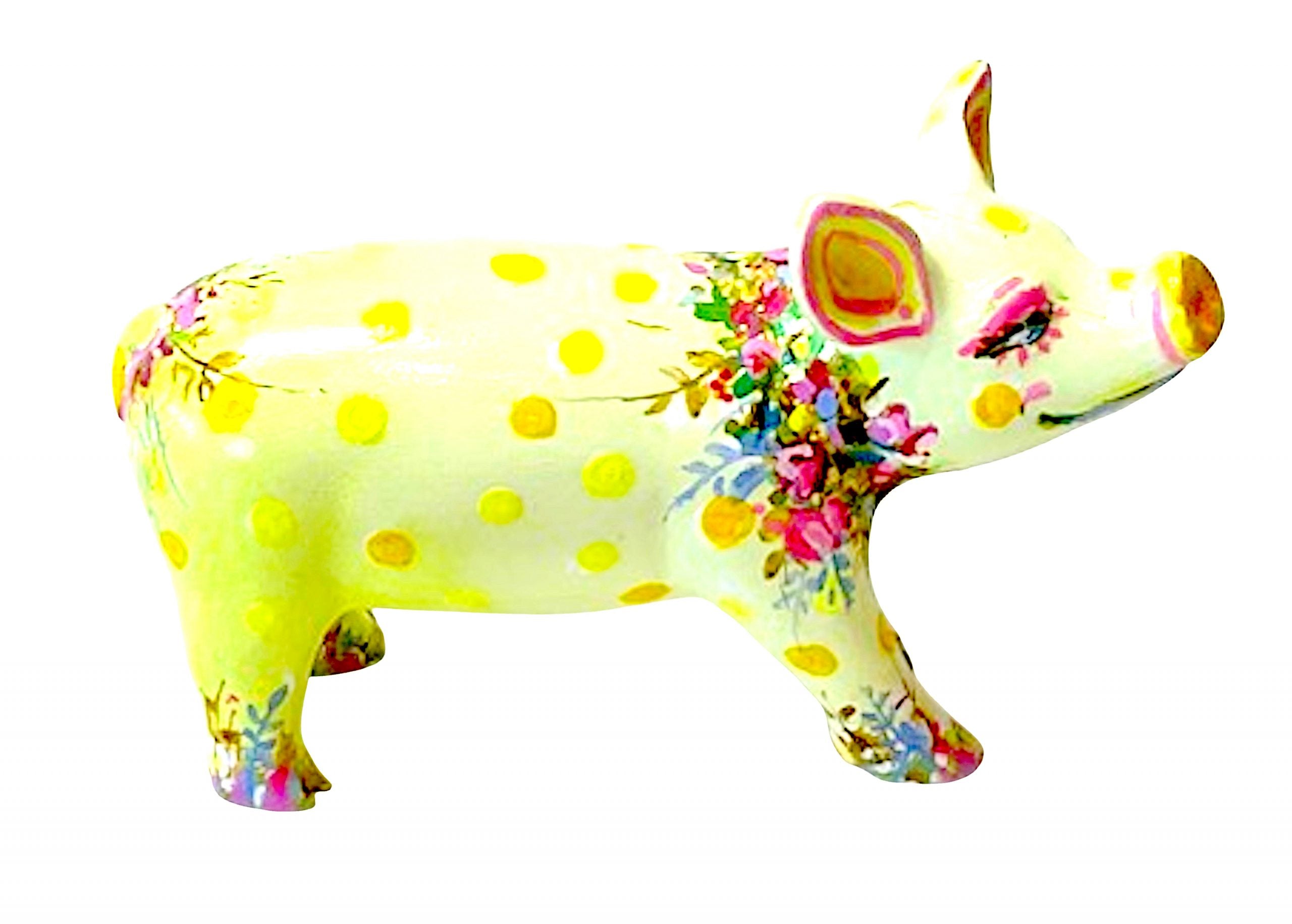 Hand-painted yellow resin mini pig with gold polka dots and colourful floral accents – Dandelion Dot collectible from the Painted Pigs collection.