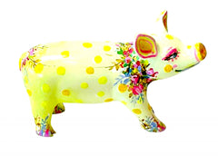 Hand-painted yellow resin mini pig with gold polka dots and colourful floral accents – Dandelion Dot collectible from the Painted Pigs collection.
