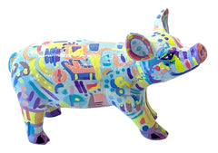 Hand-painted resin mini pig figurine with abstract pastel patterns in blue, coral, yellow, purple, and pink, featuring dots, blocks, and playful shapes.
