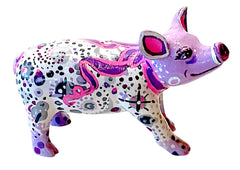 Hand-painted resin mini pig figurine with cosmic swirl design in pink, purple, black, and silver, featuring stars, dots, and a lavender face.