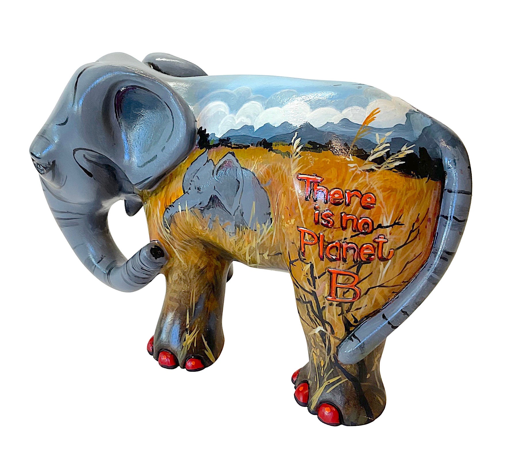Hand-painted resin elephant figurine featuring a savannah landscape with grazing elephants and the message “There is no Planet B” painted on its side.