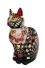 Hand-painted resin cat ornament featuring bold black and white checkerboard patterns, red and gold butterfly motifs, and Art Deco-inspired detailing