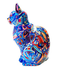 Bold & Vibrant Hand-Painted Resin Cat | Blue with colourful patterns