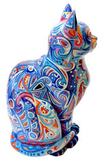 Bold & Vibrant Hand-Painted Resin Cat | Blue with colourful patterns