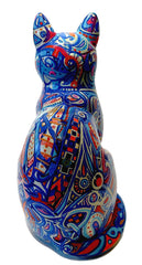 Bold & Vibrant Hand-Painted Resin Cat | Blue with colourful patterns