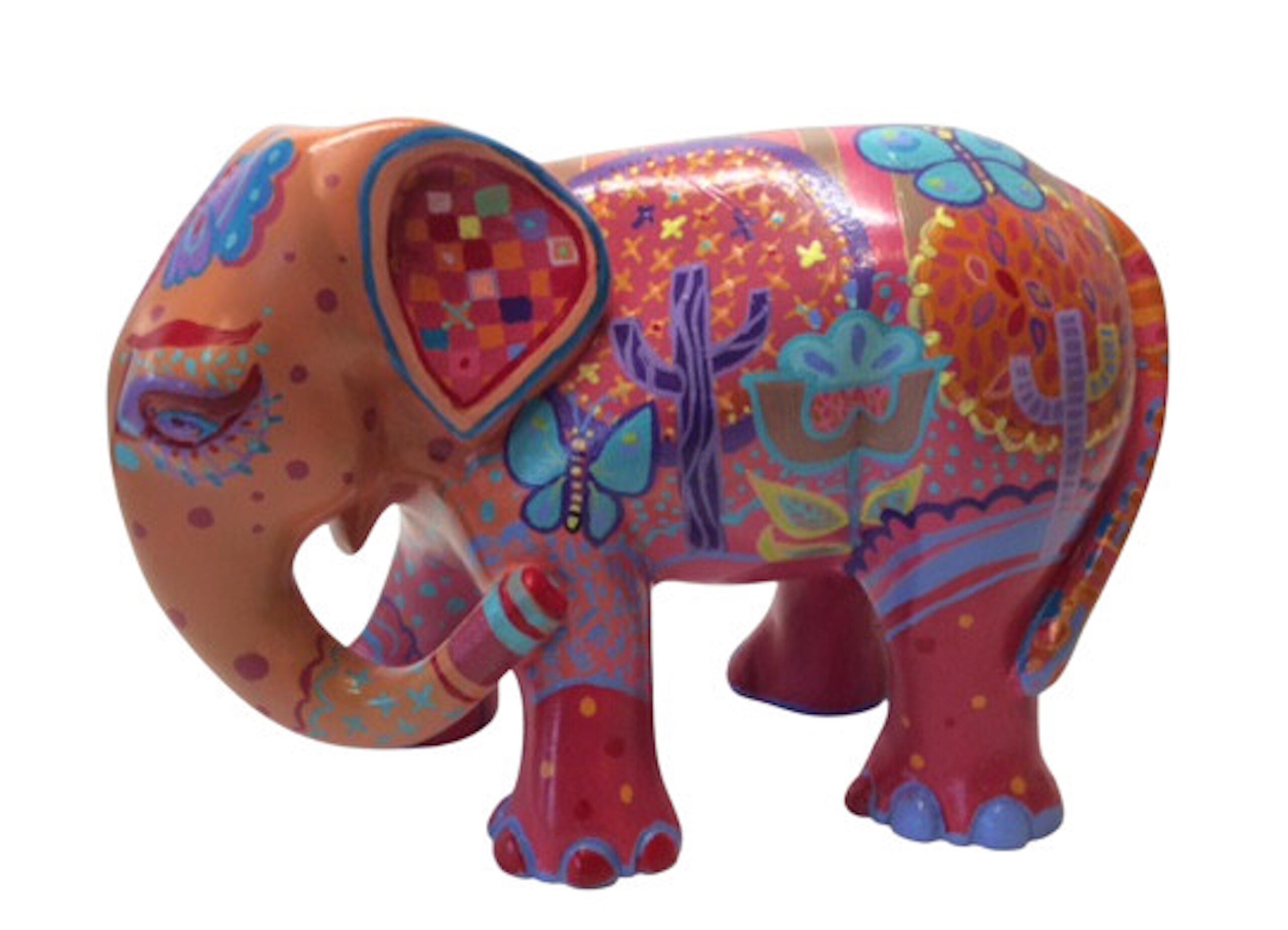 Add colour & charm with this hand-painted resin elephant figurine, featuring butterflies, cactus motifs & bold hues. A perfect collectible or gift.
