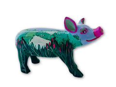 Hand-painted Countryside Dreams Mini Pig featuring lush green meadows, pink cattails, and a soft blue sky—resin collectible from the Painted Pigs series.