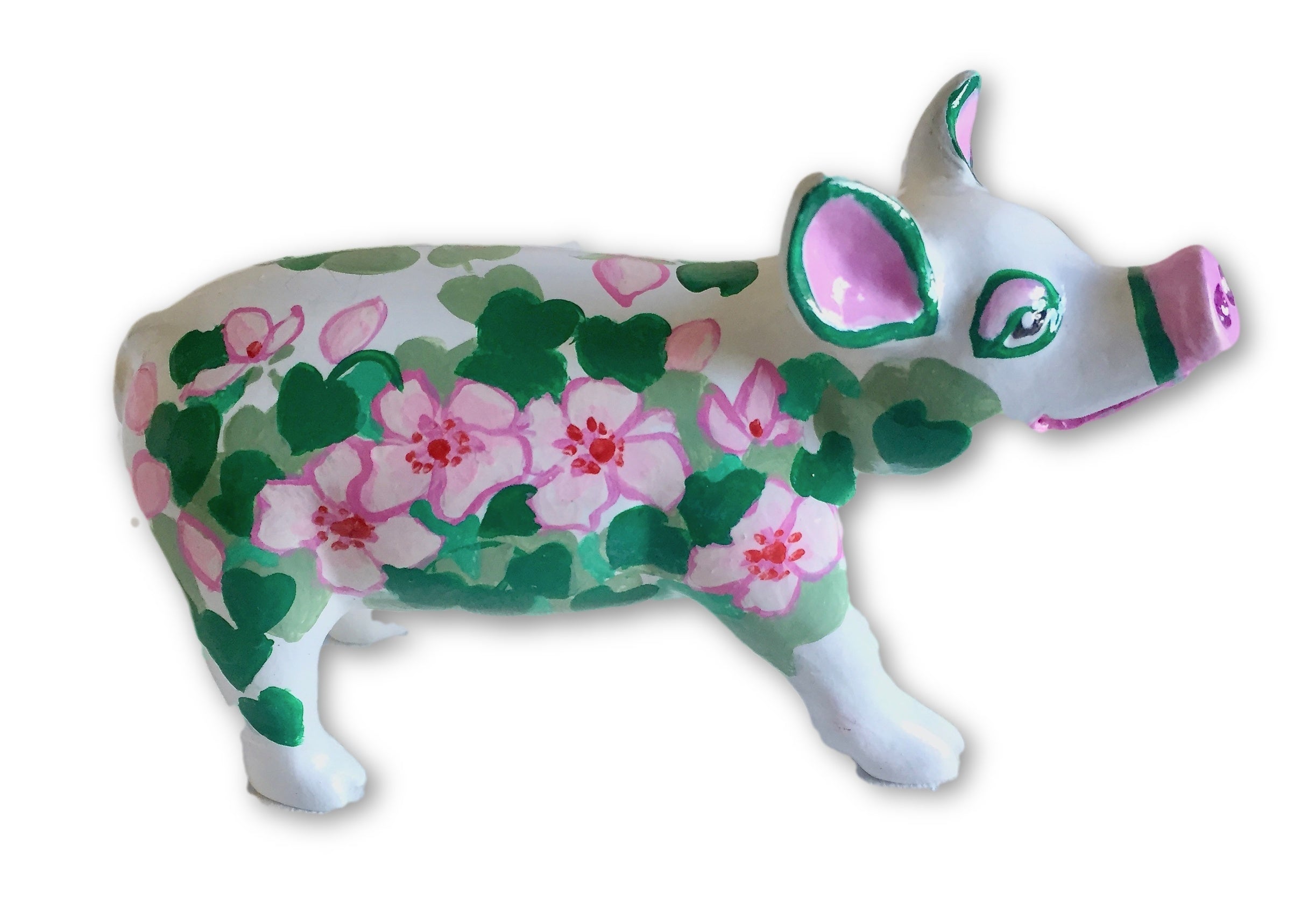 Hand-painted resin pig figurine with bold berry-pink flowers and dark green leaves on a soft cream base, from the Spring Blossom Painted Pigs collection.