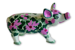 Hand-painted resin mini pig figurine featuring a cream base with bold green leaves and vibrant pink flowers, from the collectible Painted Pigs range.