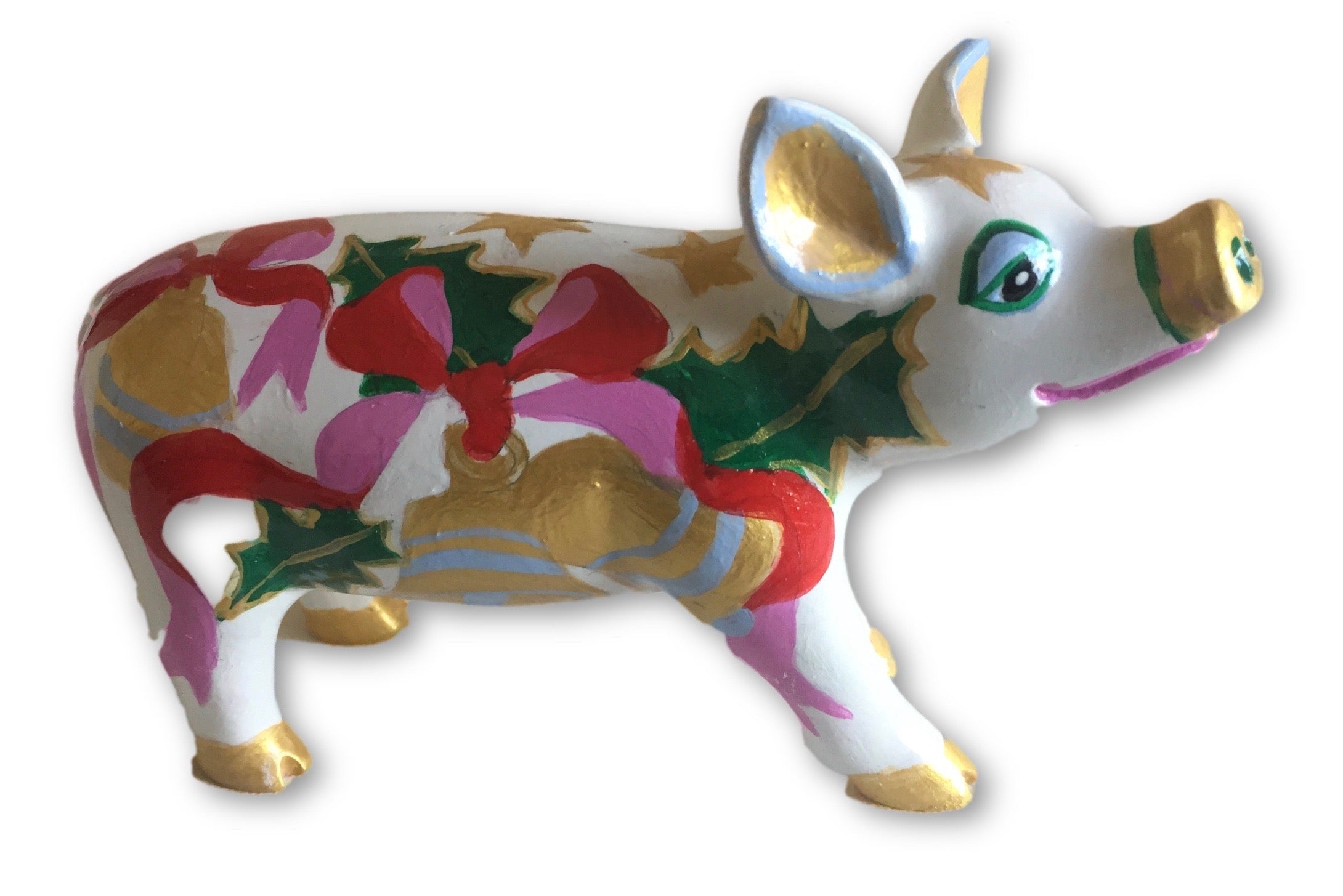Hand-painted resin pig figurine featuring red bows, gold bells, green holly leaves, and golden stars on a white base, from the Festive Cheer Painted Pigs collection.