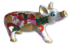 Hand-painted Festive Cheer Mini Pig collectible with gold bells, red and pink bows, green holly leaves, and golden stars on a white resin pig figurine.