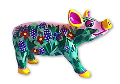Hand-painted Lavender Meadow Mini Pig figurine featuring vivid purple and red flowers, green leaves, and bright yellow hooves—resin collectible from the Painted Pigs collection.