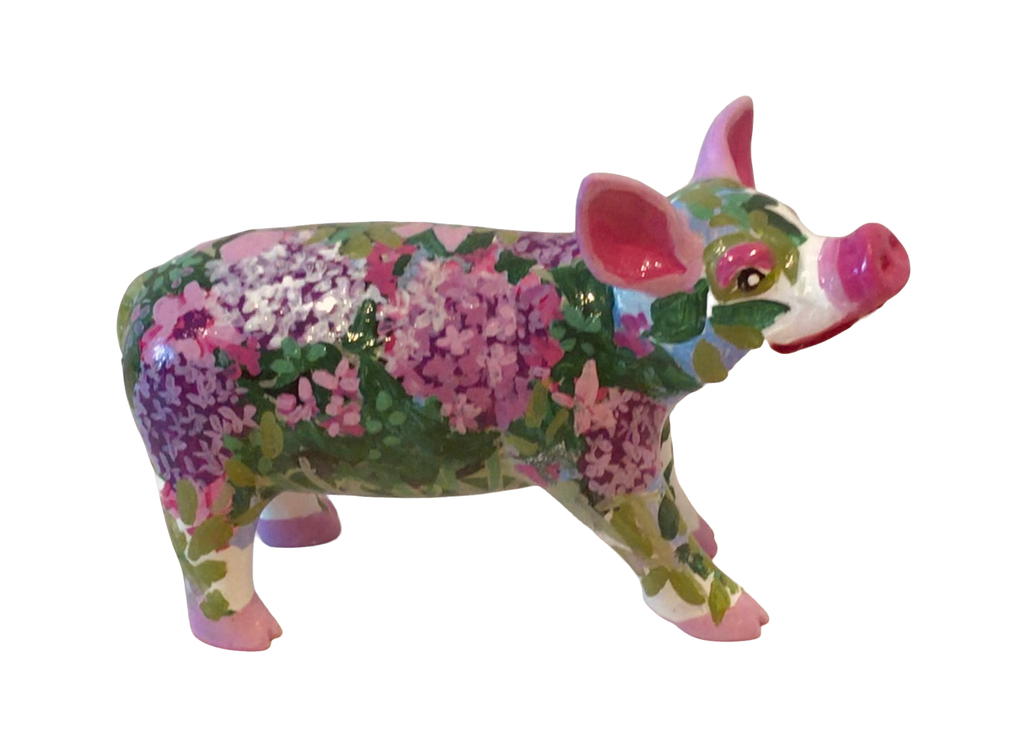 Hand-painted Lilac Garden Mini Pig collectible featuring vibrant lilac, pink, and white flowers with green foliage on a resin pig figurine from the Painted Pigs collection.