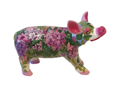Hand-painted Lilac Garden Mini Pig collectible featuring vibrant lilac, pink, and white flowers with green foliage on a resin pig figurine from the Painted Pigs collection.