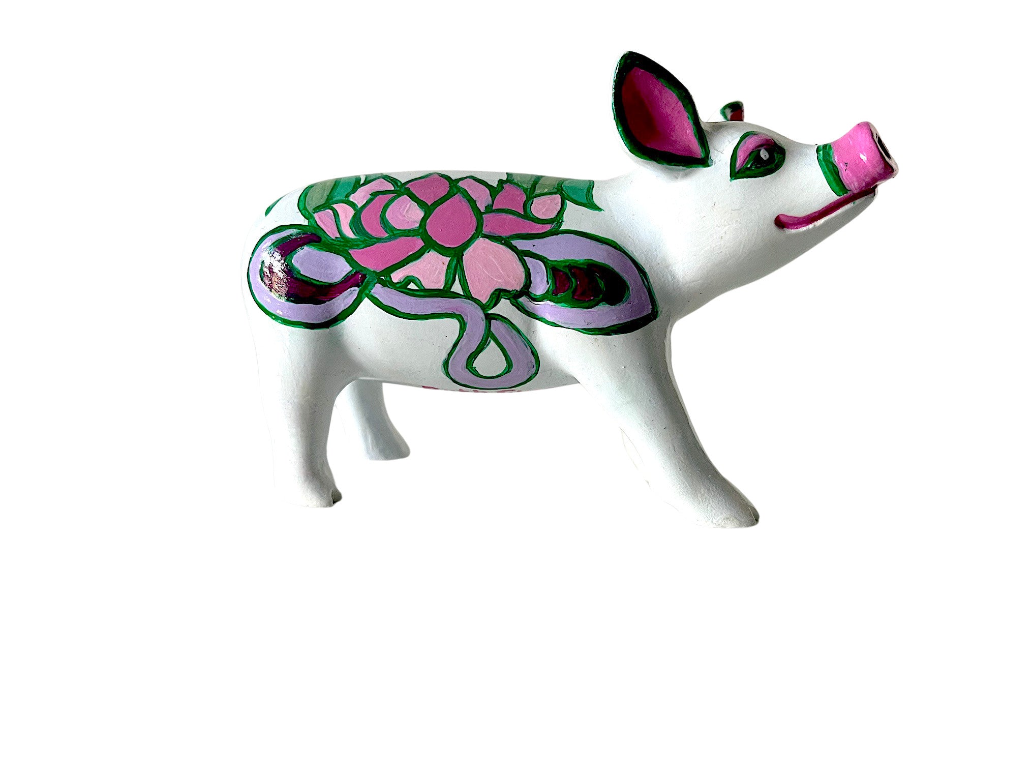 Hand-painted resin mini pig figurine featuring a pink lotus blossom with green and purple accents on a crisp white base, symbolizing peace and beauty.