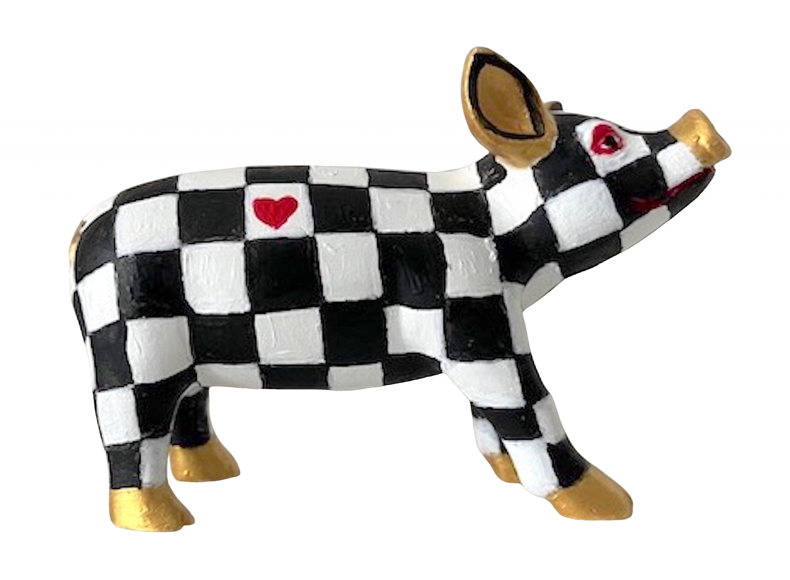 Hand-painted black and white checkerboard resin mini pig with gold accents and a red heart de-tail – Checkmate Heart from the Painted Pigs collection.