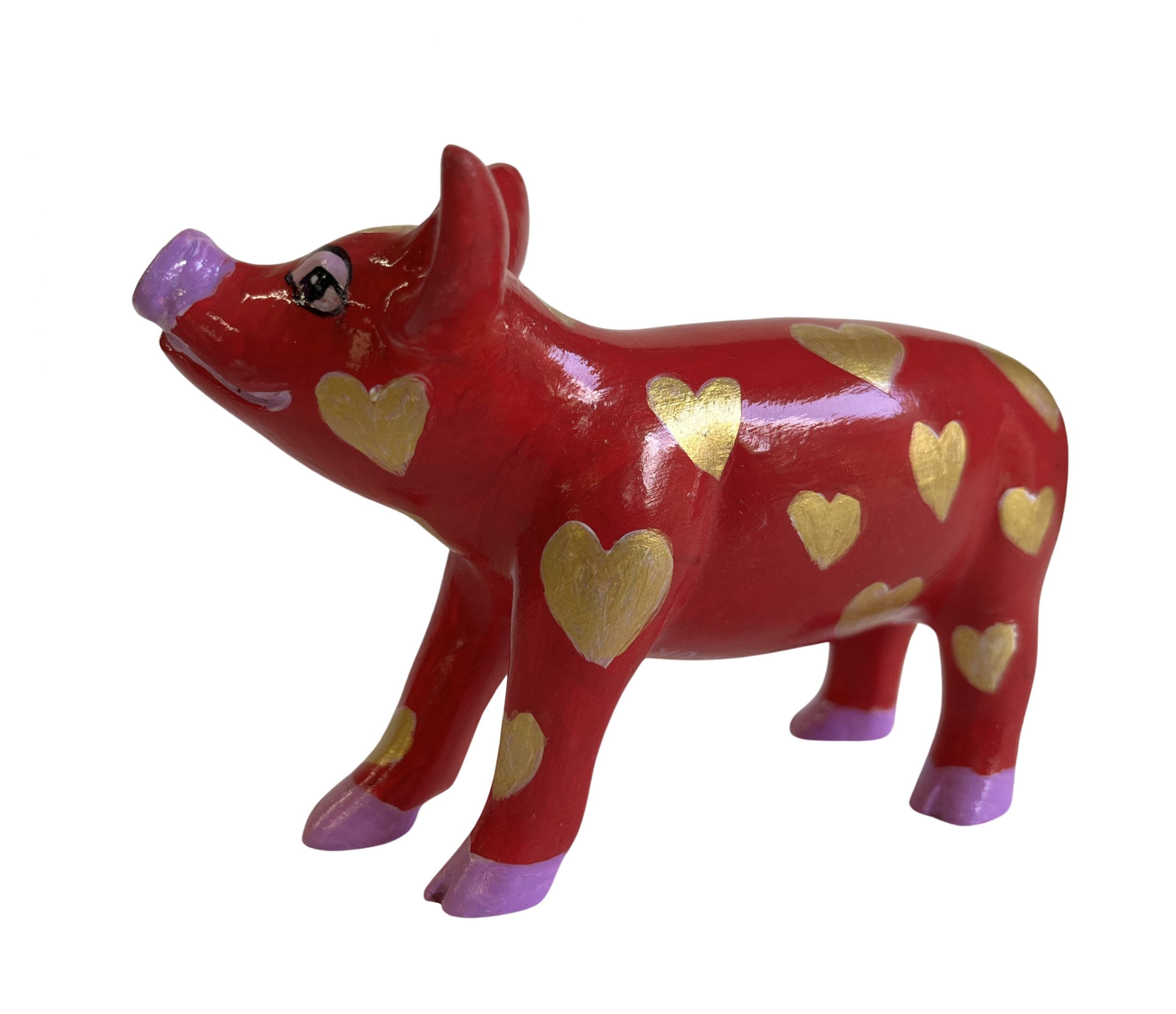 Hand-painted red resin mini pig figurine decorated with golden hearts and accented with purple hooves, snout, and ears—whimsical and collectible.