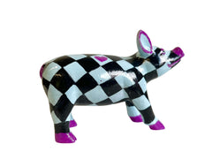 Hand-painted resin mini pig figurine with bold black and pale blue checkered pattern, magenta accents on hooves, ears, snout, and a heart detail on its back.