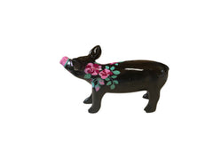 Black Pig with Pink Roses on Neck / Hand-Painted Resin Pig Collectible