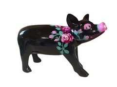 Black Pig with Pink Roses on Neck / Hand-Painted Resin Pig Collectible