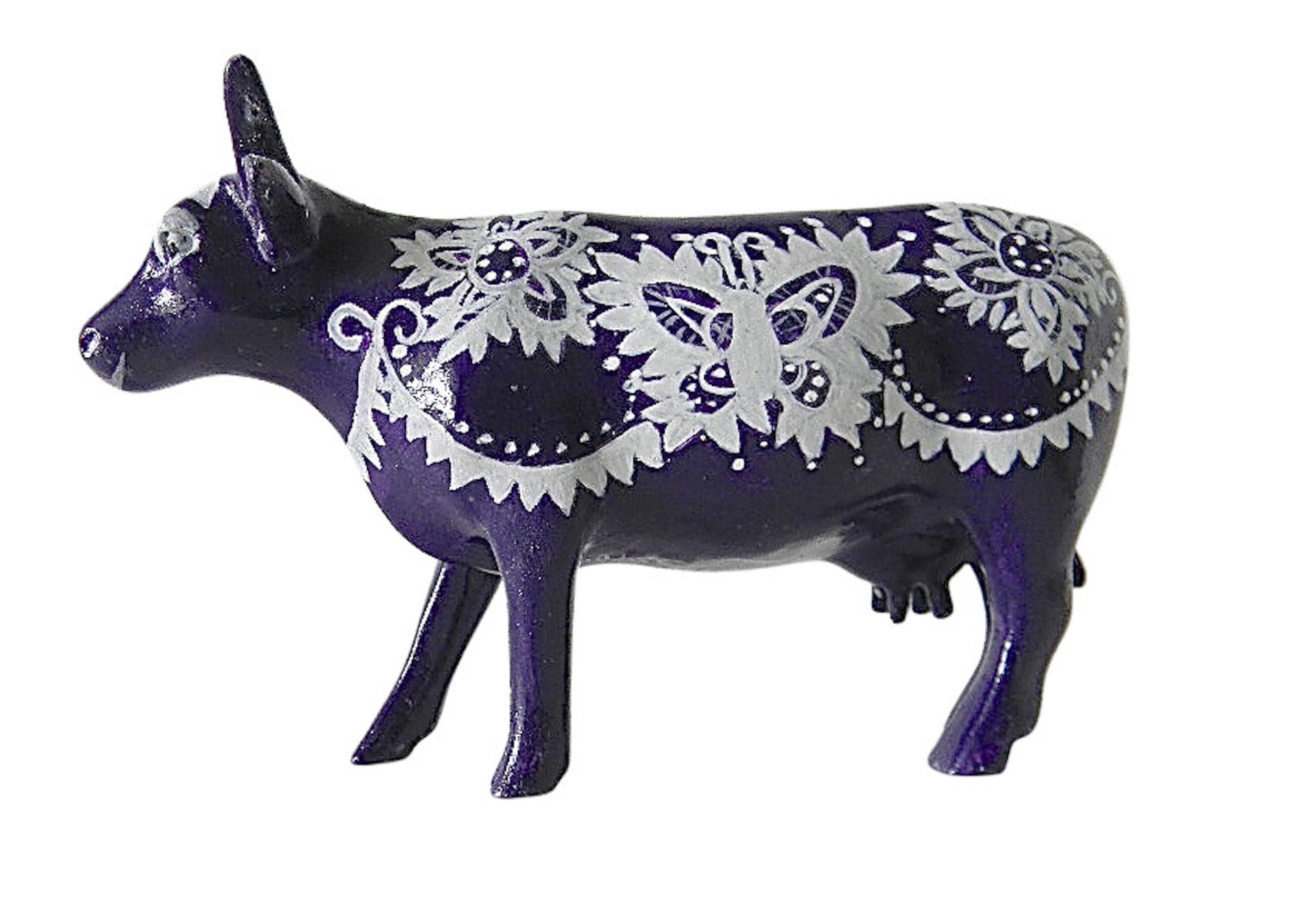 Hand-painted resin mini cow figurine with a deep midnight purple base, featuring intricate white lace-style floral and butterfly motifs.