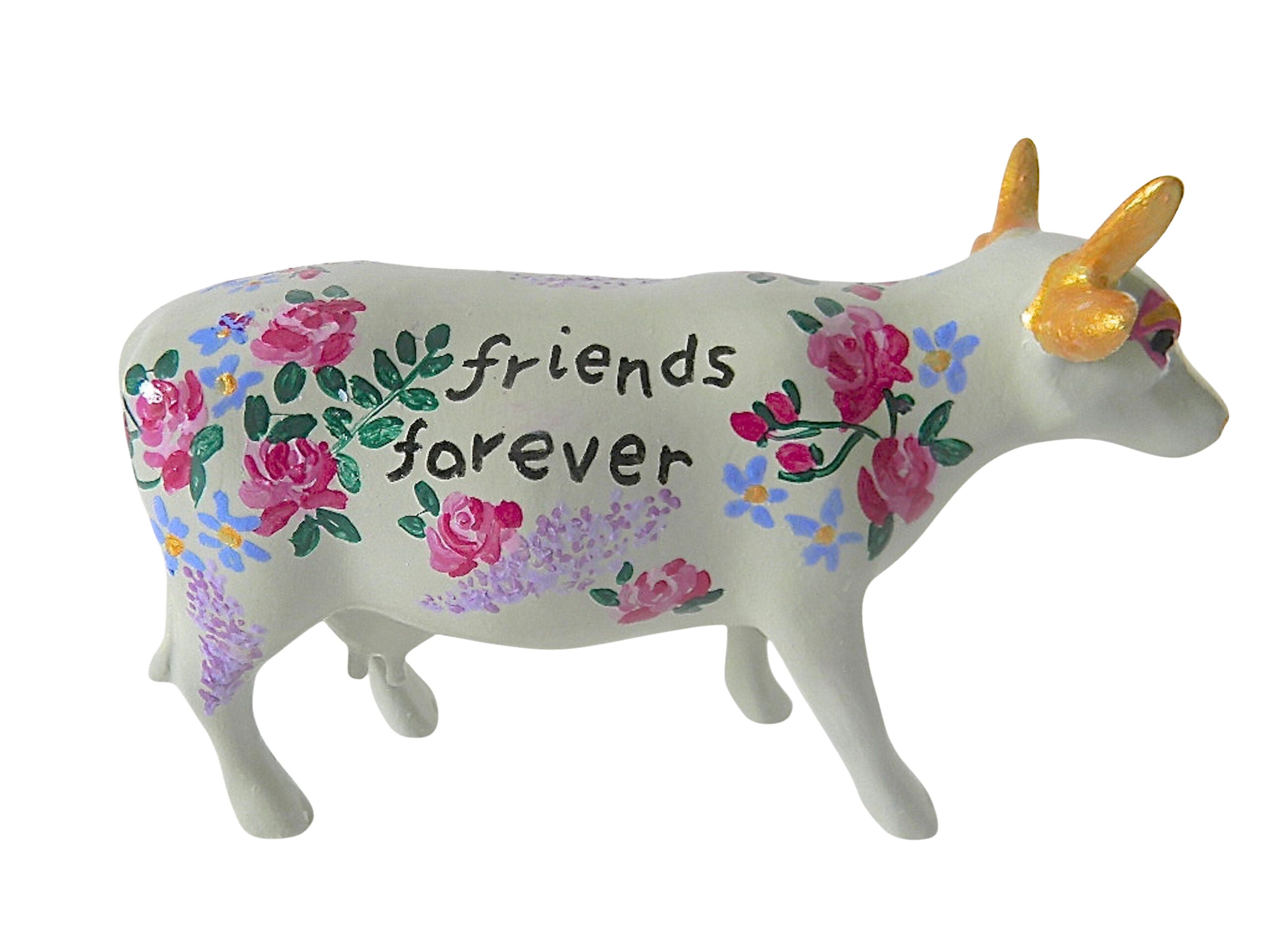 Hand-painted white resin mini cow figurine with pink and purple floral patterns and the phrase 'friends forever' on its side, featuring golden horns.