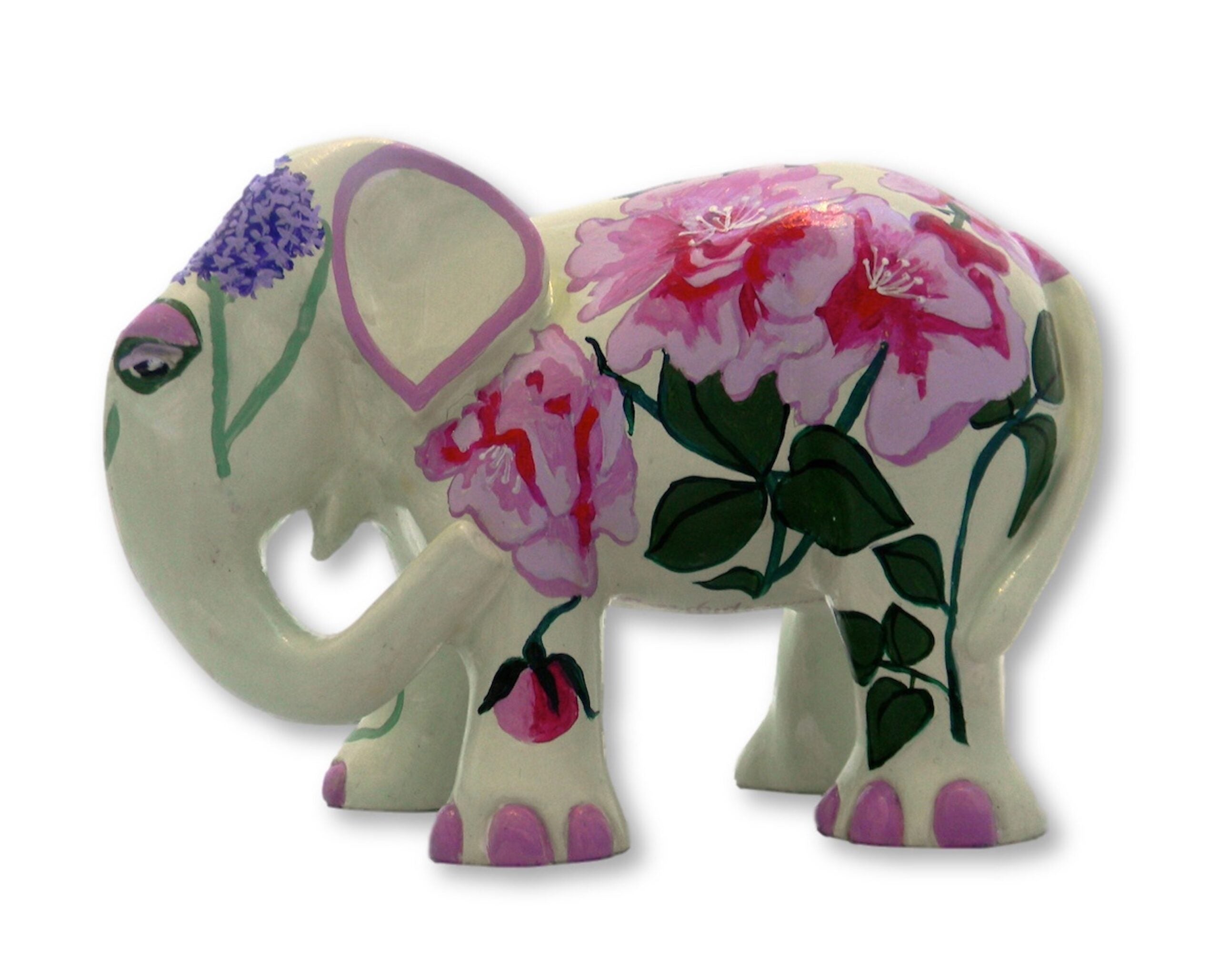 Hand-painted ivory resin elephant figurine with large pink peony flowers, green leaves, and purple ear and foot accents from the Painted Pigs collection