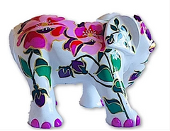 White Camellia Elephant / Hand-Painted Floral Figurine