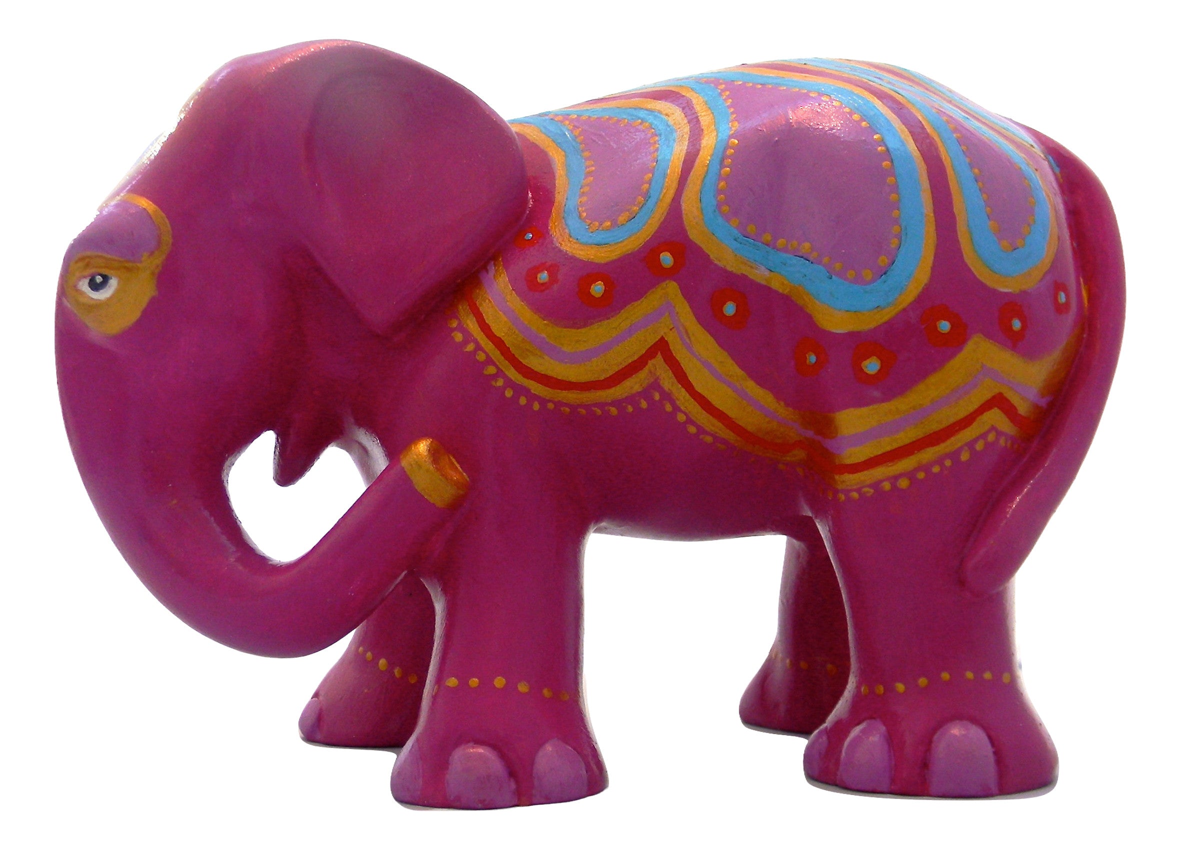 Hand-painted magenta resin elephant figurine with gold, red, and blue decorative patterns, part of the Painted Pigs artisan elephant collection.