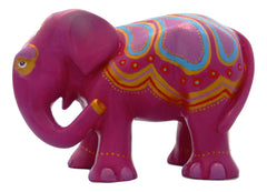 Hand-painted magenta resin elephant figurine with gold, red, and blue decorative patterns, part of the Painted Pigs artisan elephant collection.