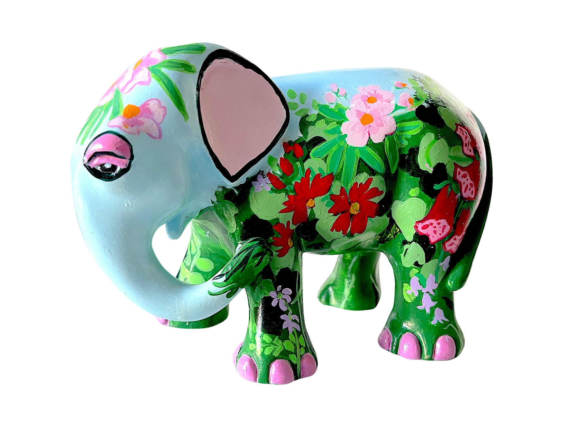 Hand-painted resin elephant figurine with colourful floral design in red, pink, and green, part of the Painted Pigs collectible series.