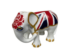 Hand-painted resin elephant figurine featuring the Union Jack flag, red English rose, and gold accents; a patriotic collectible symbolizing British pride.