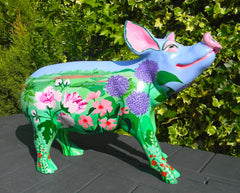 Countryside Flowers Painted Pig – Scenic Handcrafted Collectible