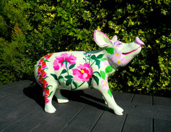 Beautiful Garden Flowers Painted Pig/ Handcrafted Floral Collectible