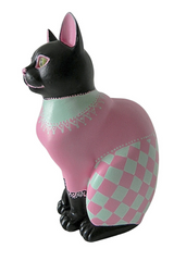 Hand-painted black resin cat ornament with pastel pink and mint green harlequin pattern, featuring lace-like trim and whimsical detailing
