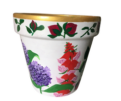 Bold Botanical hand-painted round flower pot featuring red roses, lilacs, and coral foxgloves on a white base with a gold rim; ideal for indoor or outdoor décor.
