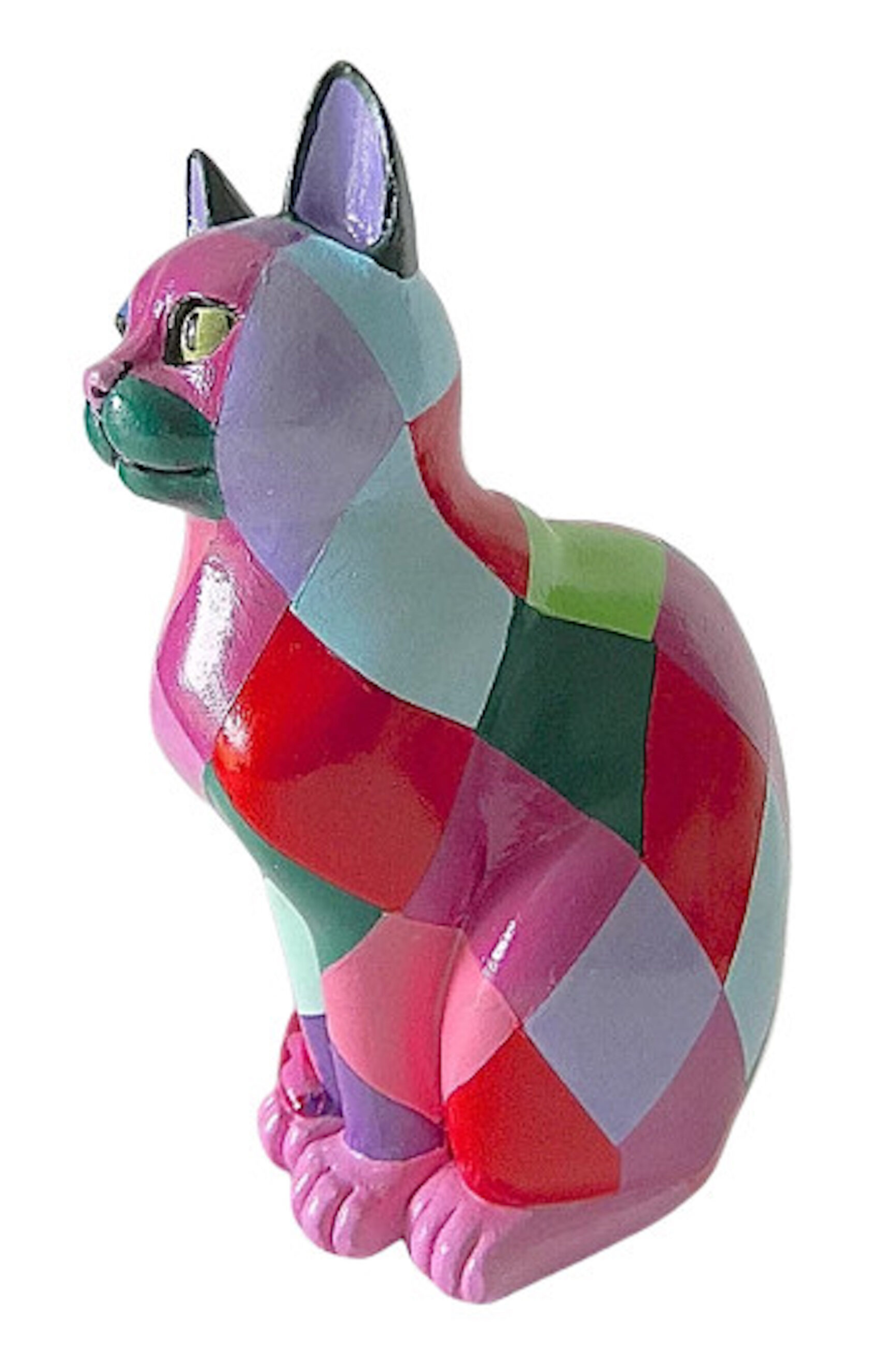 Hand-painted black resin cat ornament featuring a pastel pink and mint green harlequin pattern with lace-style trim and whimsical detailing