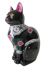 Hand-painted, handmade ornament, resin cat, artist signed, vintage-inspired, rose lace design, floral motif, pink roses, lace detailing, glossy black finish, romantic décor, cat lover gift, gift for her, home décor, sophisticated cat figurine