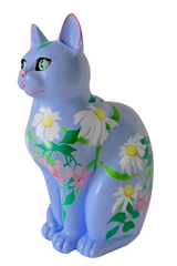 Hand-painted resin cat figurine with a periwinkle blue base, featuring white daisies, pink blossoms, and green foliage in a spring-inspired floral design